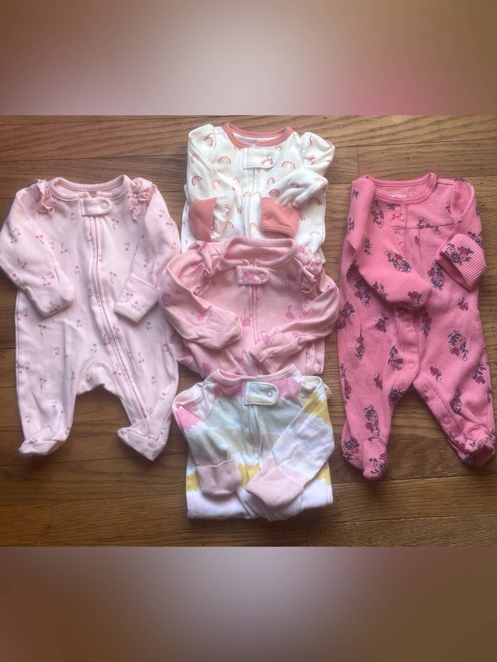 Carter's Pink and White printed Baby Footed One-Piece Sleepers - 5 Pack size nb